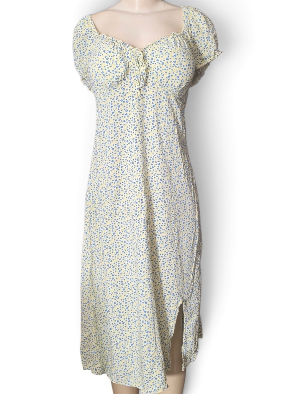 Women’s Yellow Blue Floral Midi Dress Puff Sleeve No Boundaries XL Cottagecore